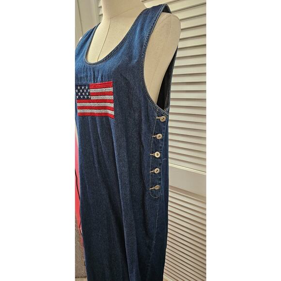 Blue Jean Denim Jumper Modest Maxi Dress Embroidered American flag Patriotic Med - Picture 4 of 5